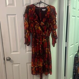 Calvin Klein Red and Yellow Floral Long Sleeve Dress